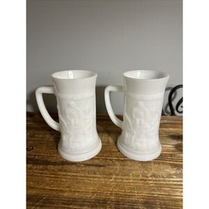 Vintage 2 Federal Milk‎ Glass Beer Steins Tankards Mugs EMBOSSED Tavern Scene